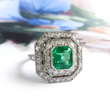 Art Deco 2.79ct.tw. Emerald Cut Emerald Double Halo Diamond Ring Platinum 