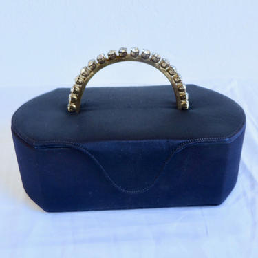 Vintage 1950's Nay Blue Satin Evening Box Purse Rhinestone Metal Top Handle Cocktail Party Morris Moskowitz 50's Accessories 