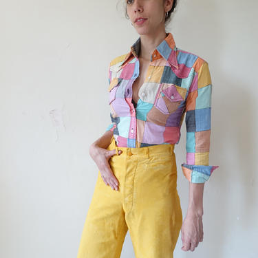 Vintage 70s Patchwork Cotton Shirt/ 1970s Colorful Quilt Blouse/ Size XS Small 