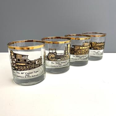 Locomotive print rocks glasses by Galaxy - set of 4 - vintage railroad barware 