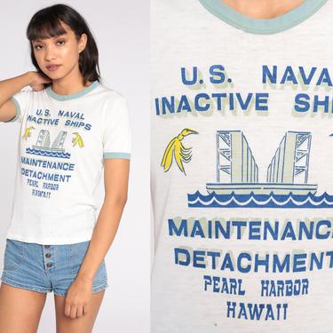 Vintage Pearl Harbor Shirt 70s Ships Maintenance Detachment Ringer Tee Boat Shirt 80s Nautical Graphic Tee Single Stitch Hawaii Small S 