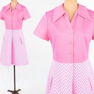 60s Pink Zig Zag Dress | Pink Polyester Dress | Gray's Landing | Large 