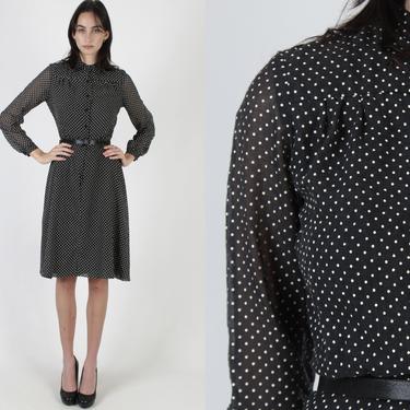 Vintage 70s Black Sheer Dress / Tiny White Polka Dot Party Dress / Secretary Style Clothing / Button Up Waist Tie Mini Dress 