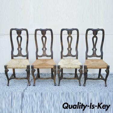 Spanish Rococo Rush Seat Distressed Carved Wood Dining Side Chairs - Set of 4