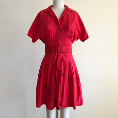 Red Cotton Mini-Dress with Corseted Waist and Belt - 1980s 