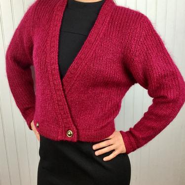 Vintage 80s Cropped Deep V Cardigan Sweater Fuchsia Pink Sweater Shoulder Pads Retro 80s Womens Sweater Size Small 