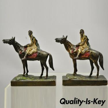 Antique Gold Painted Bronze Polychrome Moorish Arab Horse Rider Bookends - Pair
