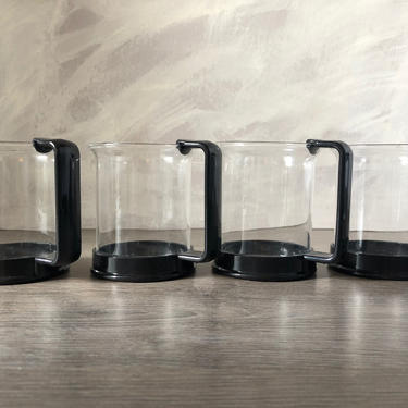 Vintage Set of 4 Glass And Black Plastic Espresso Cups By Bodum 