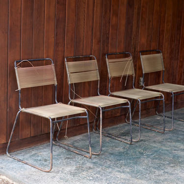 Mid-Century Iron Rod String Chairs Patio Outdoor Deck Four Heavy Vintage MCM Mad Men McCobb Eames Nelson Gould 