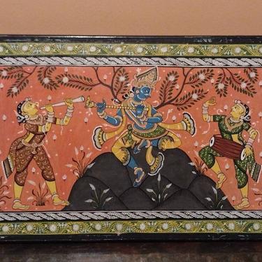 Vintage Hindu Mythology Cosmos Folk Art Gouache Rajasthani Painting on Wood Panel 18x12 