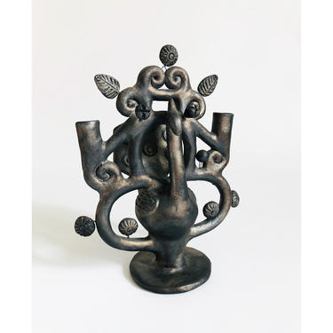Vintage Mexican Folk Art Tree of Life Black Peacock Candle Holder 