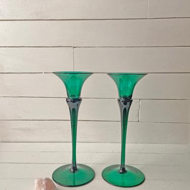 Vintage Teal Glass Tapers, Emerald Green Candlestick Holders | Midcentury Glass Candle Holders, Art Decor Green Tapers, Perfect Gift 