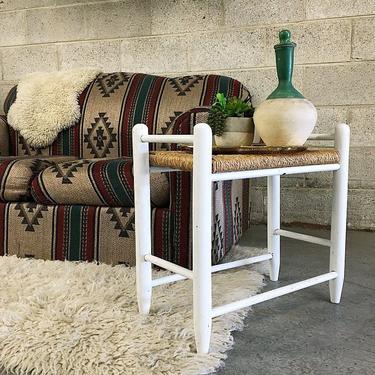 LOCAL PICKUP ONLY Vintage Stool Retro 1980s White Wood and Brown Woven Rope Top Rectangular Bench or Side Table 