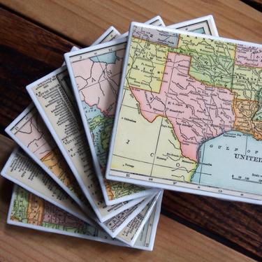 1909 United States Handmade Repurposed Vintage Map Coasters - Ceramic Tile Set of 6 - Repurposed 1900s Hammond Atlas - USA North America 