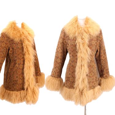 90s tapestry tibetan lamb penny lane coat sz L / vintage 1990s printed winter coat w Mongolian shaggy fur trim Large 