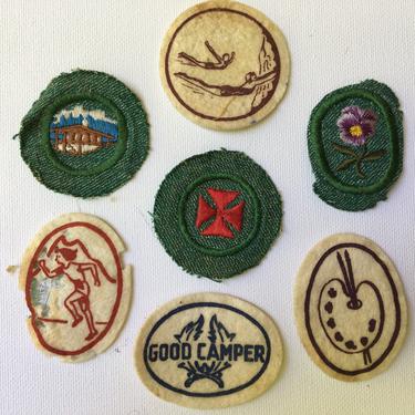Vintage Girl Scout Patches, Honor Badges, Set Of 7, Camping, Swimming, Art Awards 
