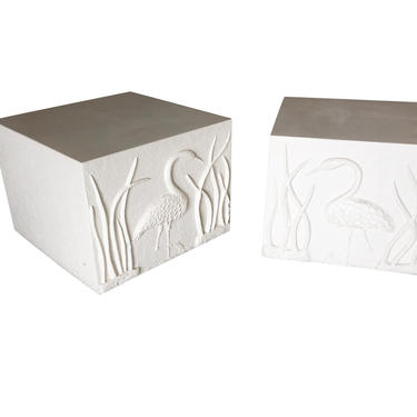 Large White Cube Pedestal Side Tables w/ Crane Relief, Pair 1980s 