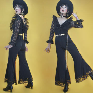 Vintage 60s 70s Romantic Massive Black Lace Ruffle Extreme Bell Bottom Catsuit/SZ S/1960s 1970s MOD Disco Glam Hippie Boho Onesie Jumpsuit 