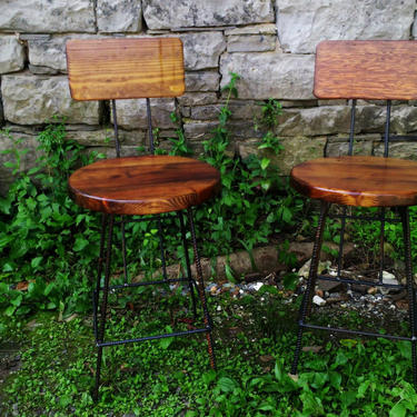 Extra Large Reclaimed Wood Bar Stools with Rebar Legs and Back Rest 