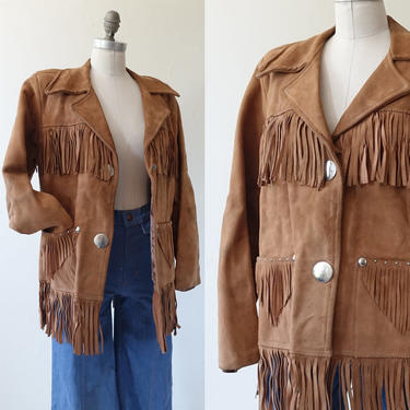 Vintage 60s Studded Suede Fringe Jacket/ 1960s 70s Western Wear Leather Coat/ Pioneer Wear/ Size Medium 
