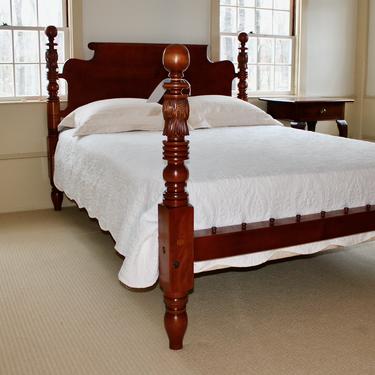 Leonards Ball &amp; Carved Bell Bed in Maple, Original posts circa 1830, resized to Queen w/ chamfered roll-back headboard