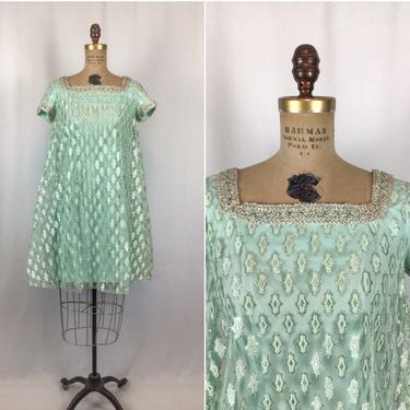 Vintage 60s dress | Vintage seafoam green sequence glitter party dress | 1960s net tent cocktail dress 