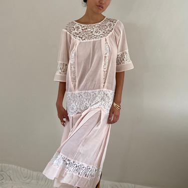 80s tea dress / vintage blush pink sheer cotton + lace Edwardian garden party tea dress | M 