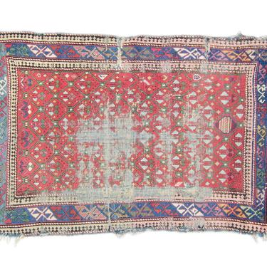Antique 3’4” x 4’9” Caucasian Rug Distressed Armenian Geometric Handwoven Wool Small Accent Rug 1870's - FREE DOMESTIC SHIPPING 