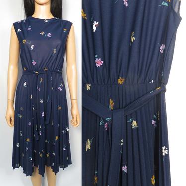 Vintage 70s Spring Floral Semi Sheer Lightweight Navy Blue Dress Size S 