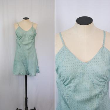 Vintage 30s silk step in | Vintage polka dot silk romper | 1930s blue silk chemise onesie 