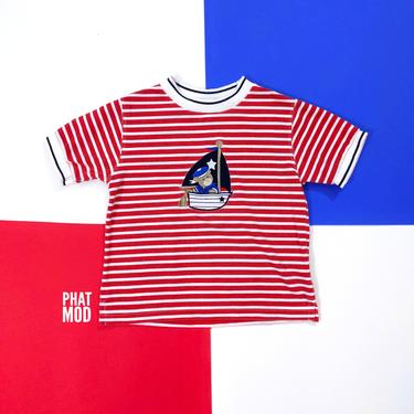 Adorable Vintage 90s Y2K Red Stripe Kid's T-Shirt with Nautical Bear Appliqué 