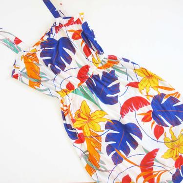 Vintage 80s Tropical Jungle Print Dress S - Colorful Monstera Leaf Sundress - Sleeveless Strappy Dress - 1980s Clothing - Tiki Dress 