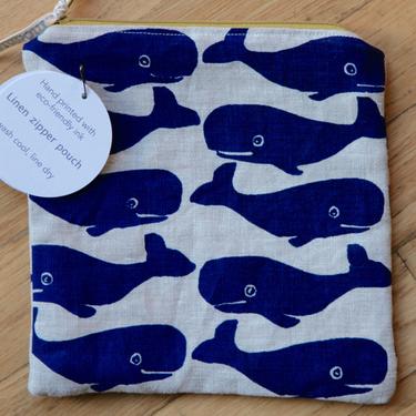 Linen Fabric Pouch, Zipper Pouch, Whales Printed on Linen, Ocean, Nautical, Cute, Pencil Pouch, Beach, Animal, 