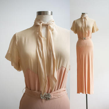 1930s Gown / Blush Pink Antique Gown / Long Formal Antique Gown / Vintage Art Deco Era Gown / 1930s Gown with Belt Small / 1930s Pink Dress 