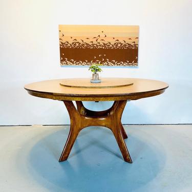 Mid Century Round Dining Table With Lazy Susan and Solid Teak Base, MCM Teak Round Laminate Top Table With Lazy Susan, Boho Round Table 