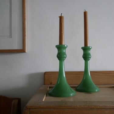 Green Milk Glass Candle Holder Pair, Tall
