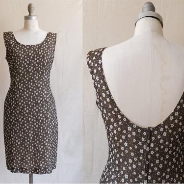 Vintage 90s Daisy Print Backless Dress/ 1990s Brown Ivory Floral Print Wiggle Dress/ Low Back/ Size Medium 