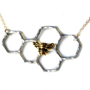 Sterling Silver Honeycomb Necklace on 14k Gold Filled Chain- as seen on Beyonce 