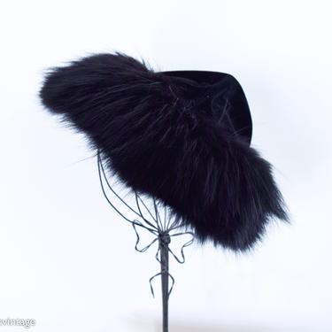 1940s Black Wool Velour Hat | 40s Black Fur Trimmed Hat | Midi Made in France 