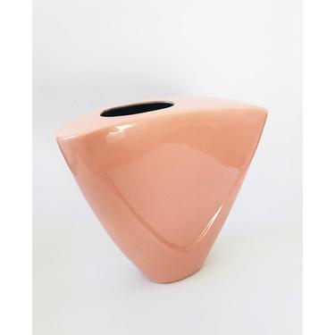 Extra Large Vintage 80s Modern Embossed Pink Triangular Vase 