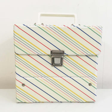 Vintage Rainbow 45 Box Record Case Holder Platter-Pak Amfile Storage Mid-Century Retro Vinyl Records Music Striped Colorful Plastic Handle 