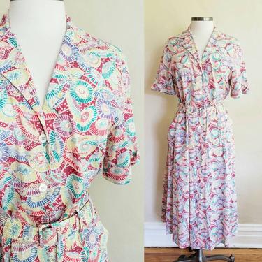 1990s Liberty of London Cotton Print Dress / 90s does 50s Short Sleeved Button Down Shirt Dress with Belt Colorful Umbrella Fan Pattern / L 
