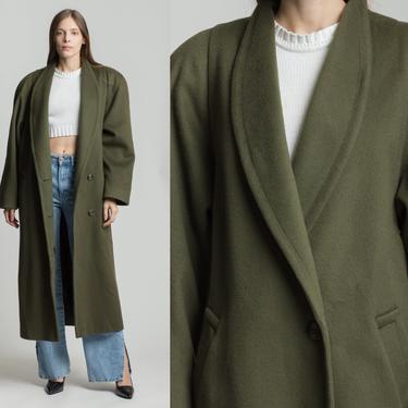80s London Fog Olive Wool Overcoat - Medium | Vintage Minimalist Oversize Long Button Up Winter Jacket 