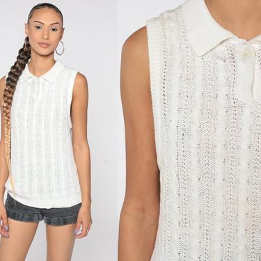 Cable Knit Vest Top White Sleeveless Sweater 80s Tank Top Vest 1980s Sleeveless Pullover Vintage Cableknit Button Up Polo Medium 