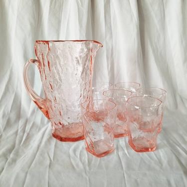 Vintage Pink Crinkle Glass Pitcher and Glass Set / Morgantown Textured Mid Century Glassware / San Juan Pitcher and 4&quot; Flat Juice Glasses 
