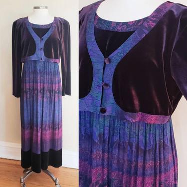 1990s Carole Little Velvet Maxi Dress Ombre Purple Blue Long Sleeved / 90s Neo Edwardian Arts & Crafts Movement / L 