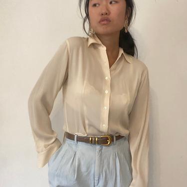90s silk bodysuit blouse / vintage ivory silk crepe DKNY collared button down minimalist bodysuit shirt blouse | M 