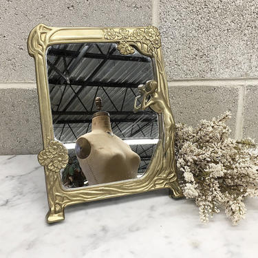 Vintage Mirror Retro 1980s Art Nouveau Style + Gold + Brass + Lady by the Lake + Tabletop Mirror + Vanity and Home Decor 