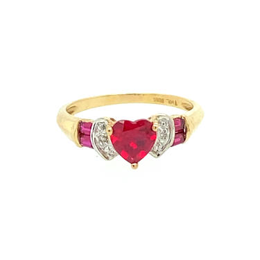 Vintage 10k Yellow Gold Ruby Heart Baguette Diamond Band Ring Sz 7.5 