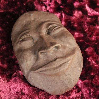 Brown Pottery Grinning Ceramic Face 